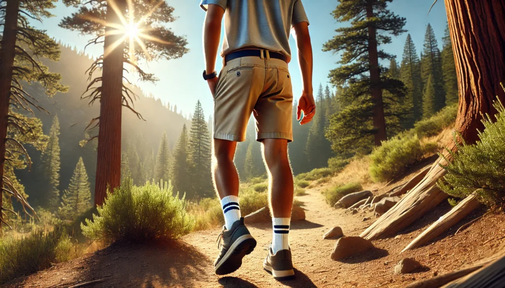 Everlane Performance Chino Shorts in Khaki on a hike