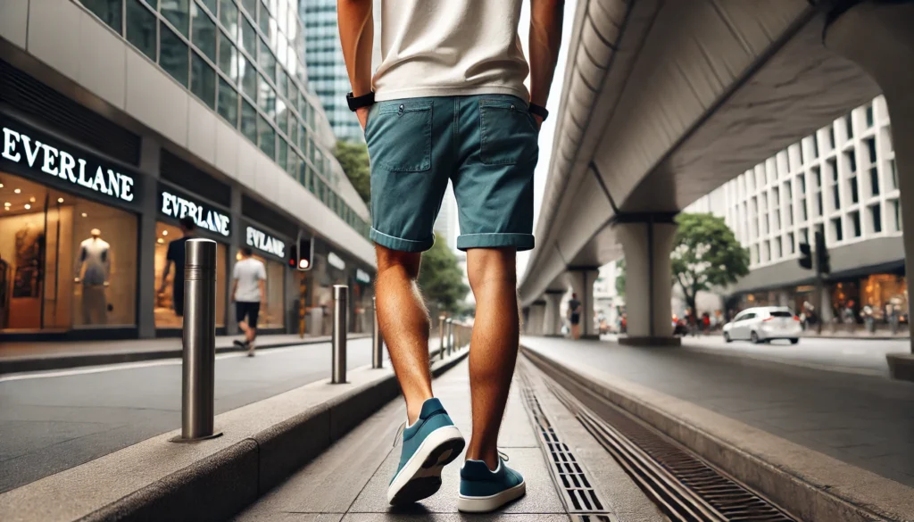 Everlane Performance Chino Shorts in Kingfisher Blue on a stroll in the city