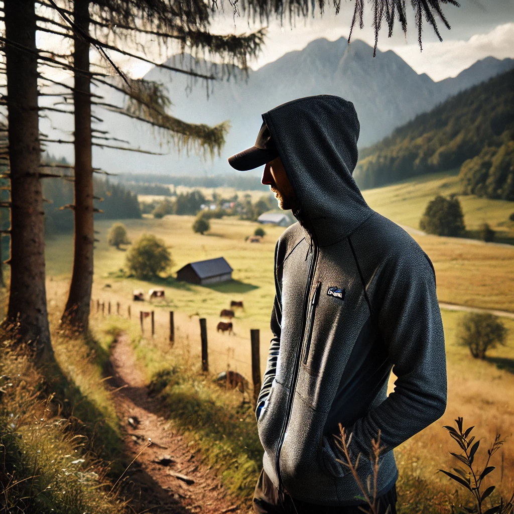 Patagonias Men's R1 Air Full-Zip Hoody in a rural environment